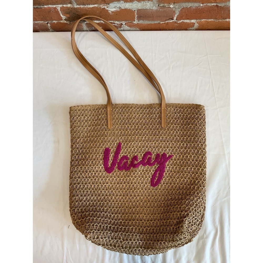 Vacay Straw Tote Bag Tan Woven Beach Shopper Pink Embroidered EUC Time and Tru